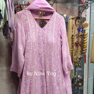 Lilac Indian Wedding Anarkali Suit for women, Lucknowi Chikankari Anarkali Kurta Set with Dupatta Customizable Size 2XS to Plus Size