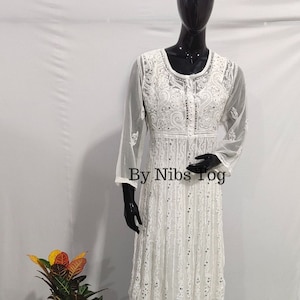 Mirror Work Chikankari Anarkali Georgette with Inner, White Chikankari Anarkali Kurta, Indian Handwork Kurta, Gift for Her, Ethnic Anarkali