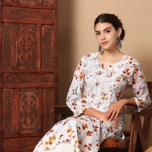 White Anisa Chikankari Kurta for Women Mulmul Cotton Floral Printed Straight Style Handmade Tunic