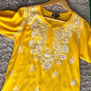Handmade Yellow Chikankari Short Kurta for Women Casual Wear