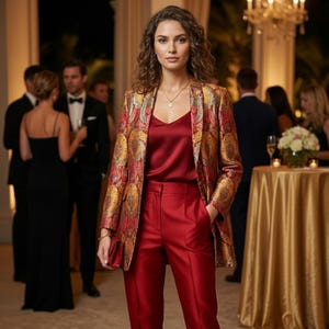 Op de afbeelding: Een vrouw in een rode broekpak met een bijpassende rode top en een patroon blazer in goud en rood. Ze draagt gouden hakken en houdt een rode clutch vast. De setting suggereert een formeel evenement.