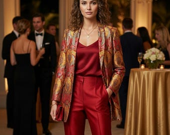 Giacca blazer in broccato Banarasi rosso per abito da festa da donna