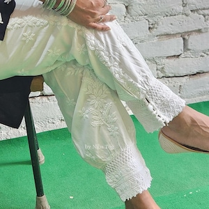 White Tulip Pants Cotton Chikankari Embroidered Pants, Afghani Pants White n Black Free Size