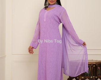Lilac Chikankari Kurta Palazzo Set with Dupatta for Women Indian Wedding Party Wear Suit