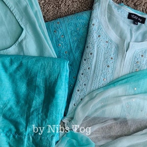 Ombre Sea Green Chikankari Kurta Pant Set with Dupatta (Customizable) | Indian Festival Wear Suit for Women