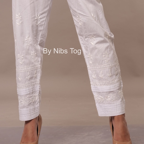 Pantalon Lucknowi Chikankari, Pantalon extensible en coton blanc, Pantalon jusqu’à la cheville, Chikankari pour Kurta indien, Pantalon droit, Vêtements indiens