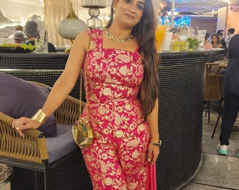 Roze Banarasi-brokaat jumpsuit voor dames Designerjurk Indiase outfit combinatieset