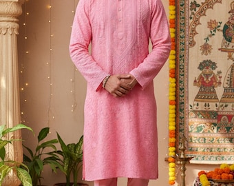 Completo Kurta Pajama da uomo in viscosa pura rosa con ricami Chikankari e Lucknowi, Kurta per uomo, abbigliamento da sposo per matrimoni indiani, abito per feste.