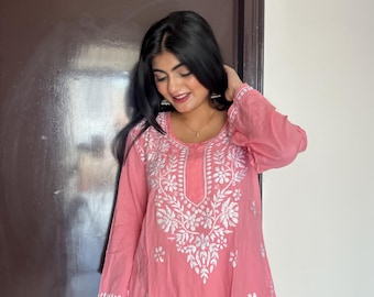 Chikankari Short Kurta Top de algodón indio bordado a mano