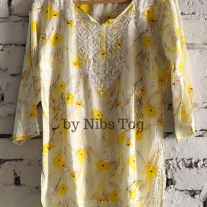 Floral Print Mulmul Cotton Short Chikankari Kurta for Women | Indian Boho Fashion Clothing | Casual Embroidered Short Kurta/ Top