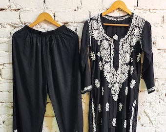 Chikankari Kurta Set with Pants Hand Embroidered Black Kurti Palazzo Set Indian Ethnic Wear Summer Cotton Salwar Kameez Women Dress