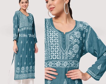 Nibs Tog Teal Green Chikankari Kurti for Women Ryon Cotton, Indian Casual wear Lucknowi Chikankari Kurta