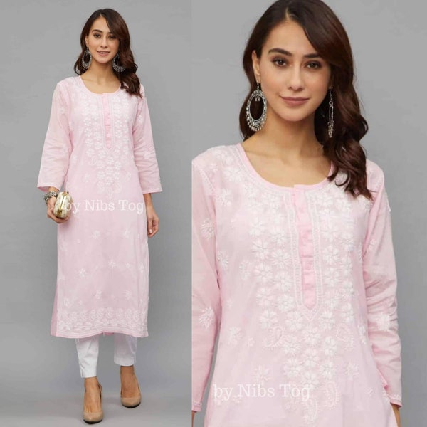 Nibs Tog Women’s Lucknowi Chikankari Hand Embroidered Straight Cotton Kurti Pant Set Pink
