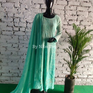 Handmade Ombre Green Party Wear Chikankari Anarkali with Mukaish, Indian Embroidered Anarkali Suit for Wedding
