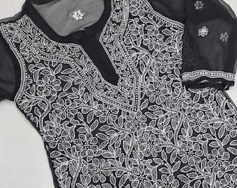 Túnica bordada a mano para mujer, estilo bohemio, estilo indio, estilo georgette, estilo kurta corto.