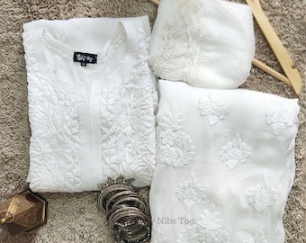White Lucknowi Chikankari Kurta Set with Dupatta FREE INNER Premium Viscose Georgette Chickenkari Kurta set for Women White Salwar Kameez
