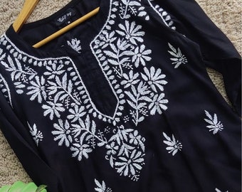 Handmade Black Chikankari Short Kurta for women, Indian Ethnic Wear Women Blouse Cotton