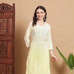 Handmade Ombre Yellow Mulmul Cotton Chikankari kurti for Women, Indian Embroidered Dress
