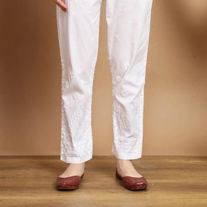 White Chikankari Embroidered Pants Straight Style