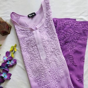 Purple Ombre Chikankari Kurta Handmade for Women Georgette Indian Ethnic Wear Dress