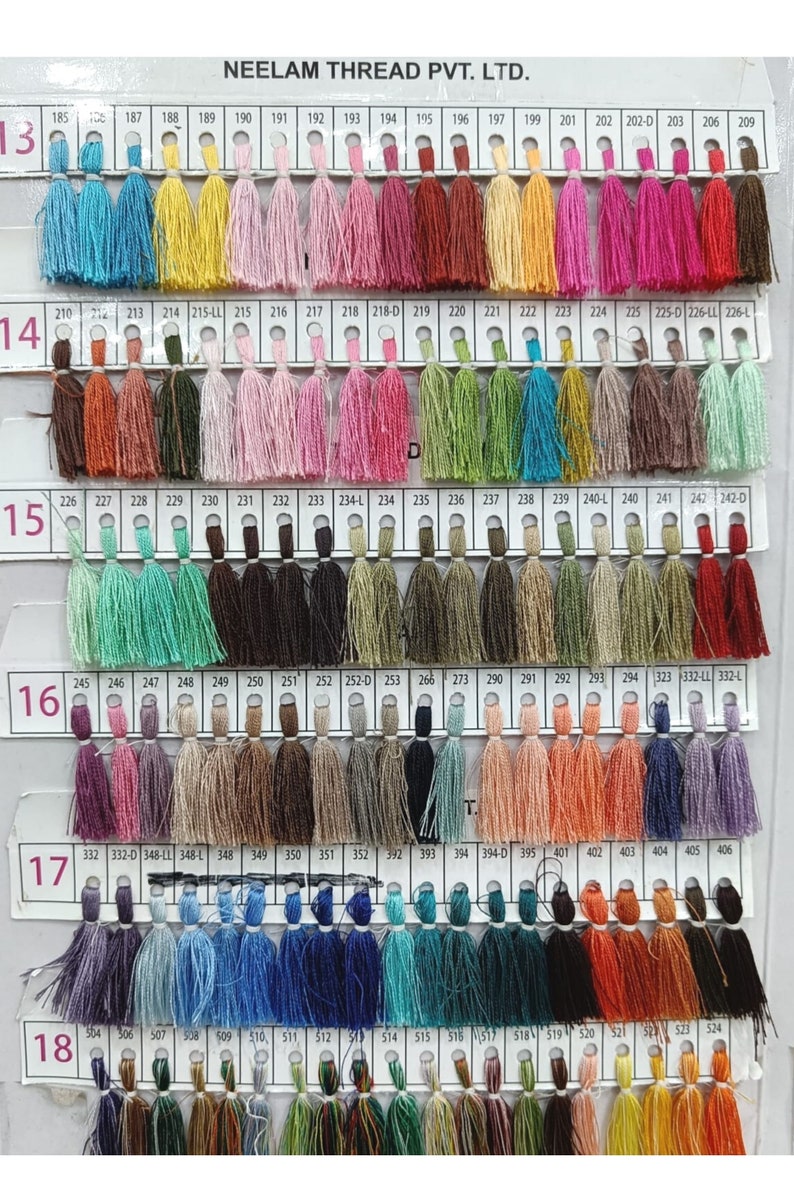 May include: A color chart of thread spools with a variety of colors, including red, blue, green, yellow, and brown. The chart is labeled "NEELAM THREAD PVT. LTD."