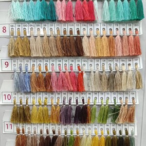 May include: A color chart of thread spools with tassels. The chart is labeled with numbers from 7 to 12 and includes numbers from 91 to 184. The chart is labeled "NEELAM THREAD PVT. LTD."