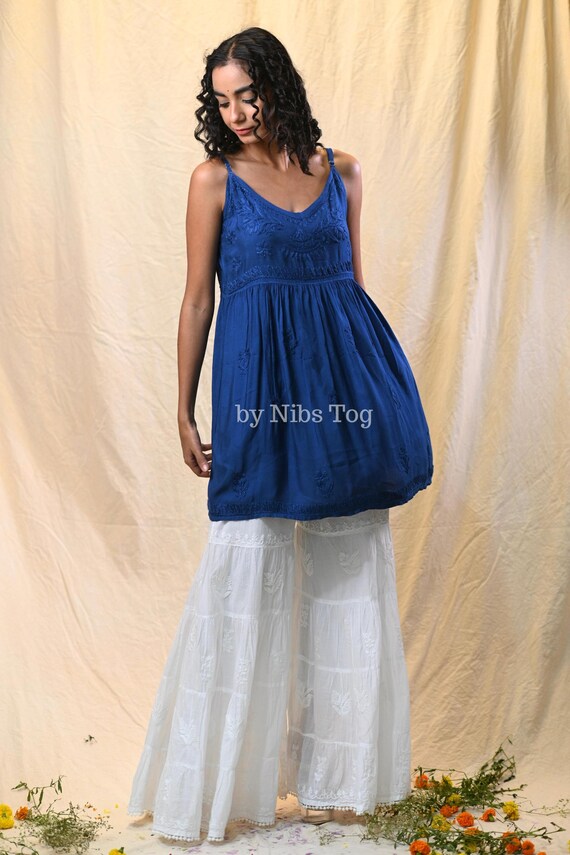 chikankari short dress Handmade White Chikankari Kurti: Viscose Strappy Tunic Top