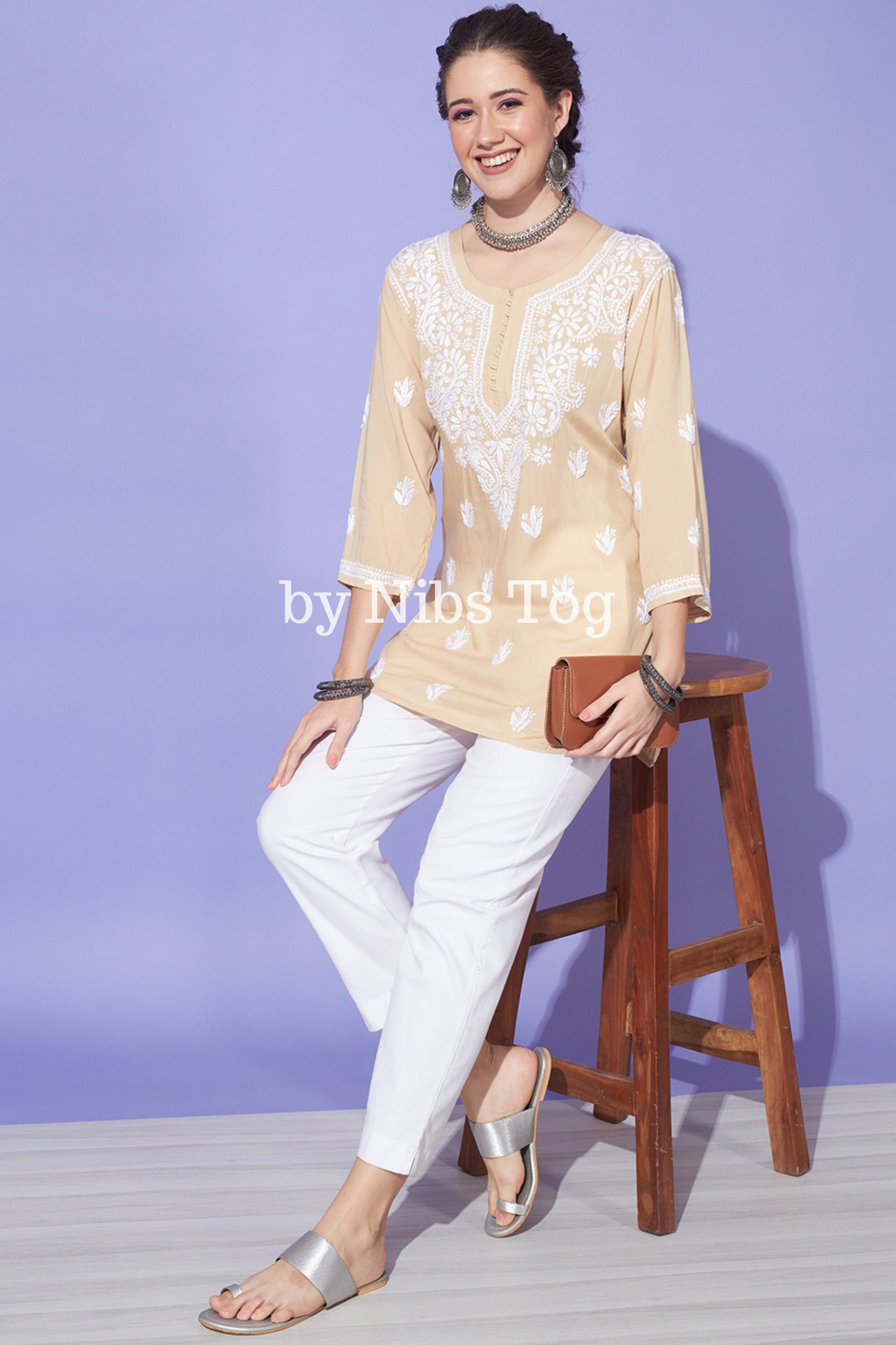 Modal Cotton Chikankari Short Kurta for Women Beige | Indian Casual Wear Kurti/Top/Blouses