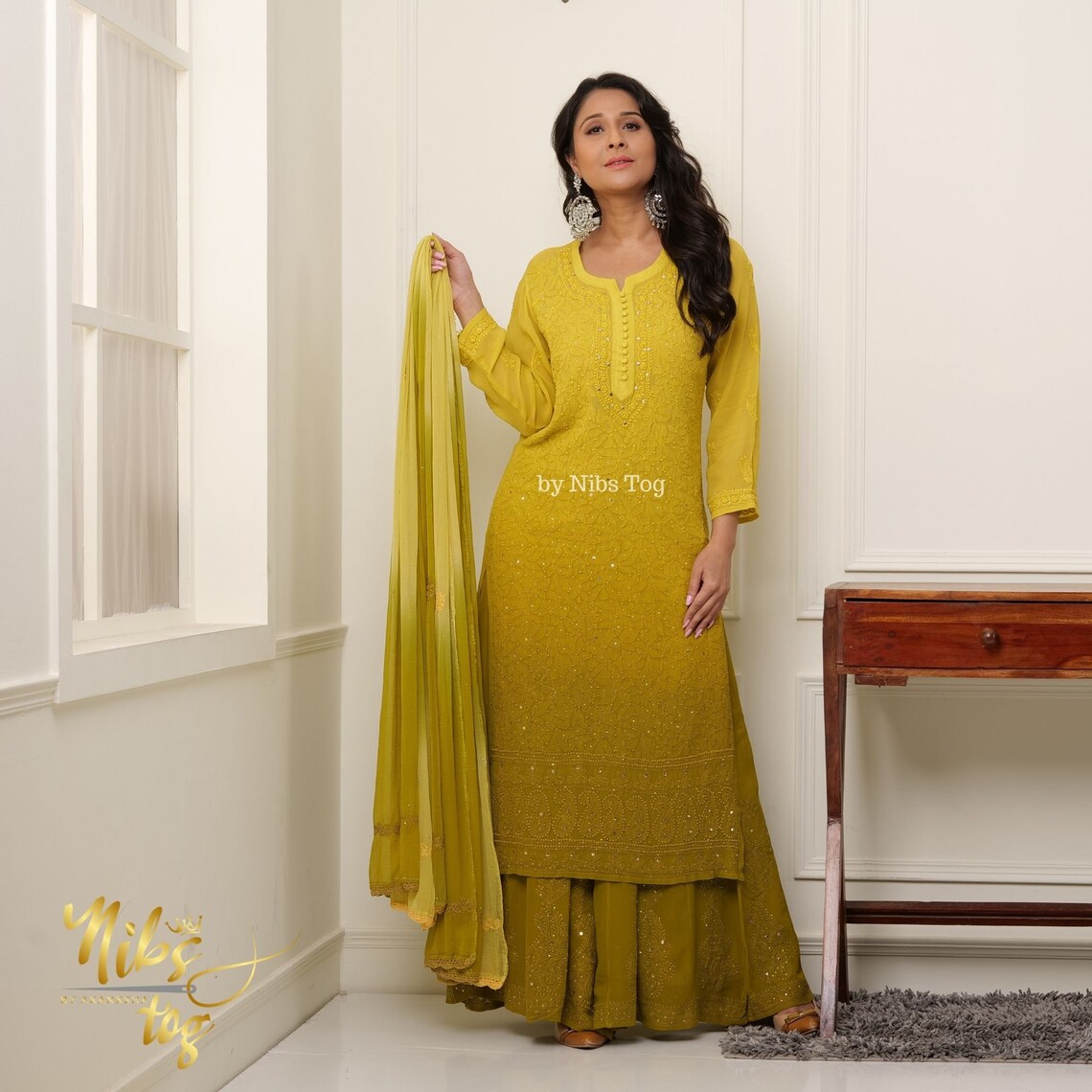 Women's Lucknowi Handcrafted Organza  Stitched Chikankari Kurta And Plazzo Set