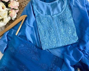 Ombre Cotton Chikankari Kurta Palazzo Set with Dupatta | Hand Embroidered Lakhnavi Indian Ethnic Wear | 3 Pc Festival Suit XS-3XL