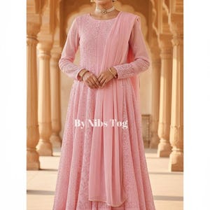 Customizable Handmade Chikankari Anarkali Suit for Women : Indian Wedding Dress Peach