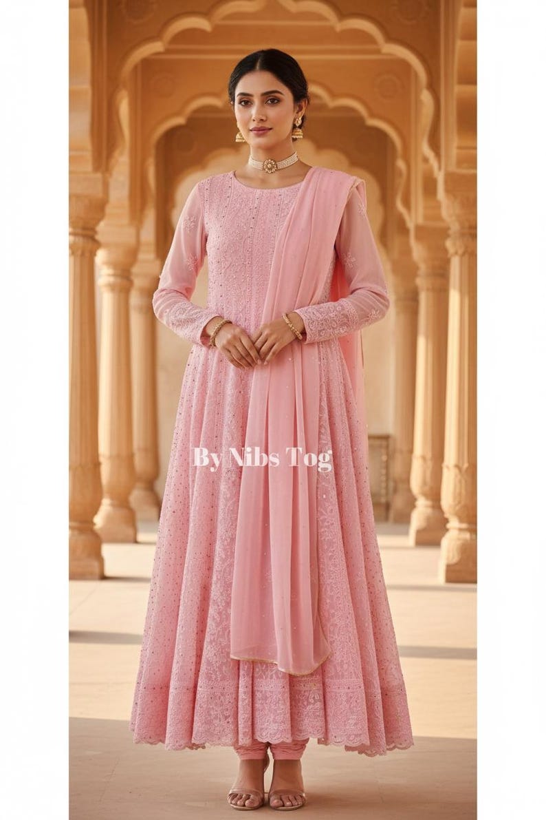 Customizable Handmade Chikankari Anarkali Suit for Women : Indian Wedding Dress Peach