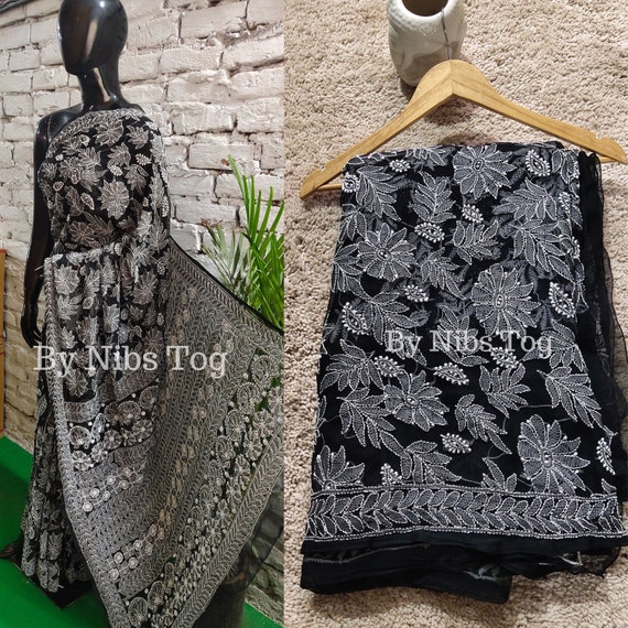 Handmade Black Georgette Chikankari Saree for Women With FREE Body