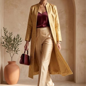 May include: A long-sleeved gold coat with a subtle tonal pattern, worn over a deep burgundy satin camisole and tailored gold trousers. The ensemble is paired with matching gold pointed-toe heels and a small, structured burgundy handbag.