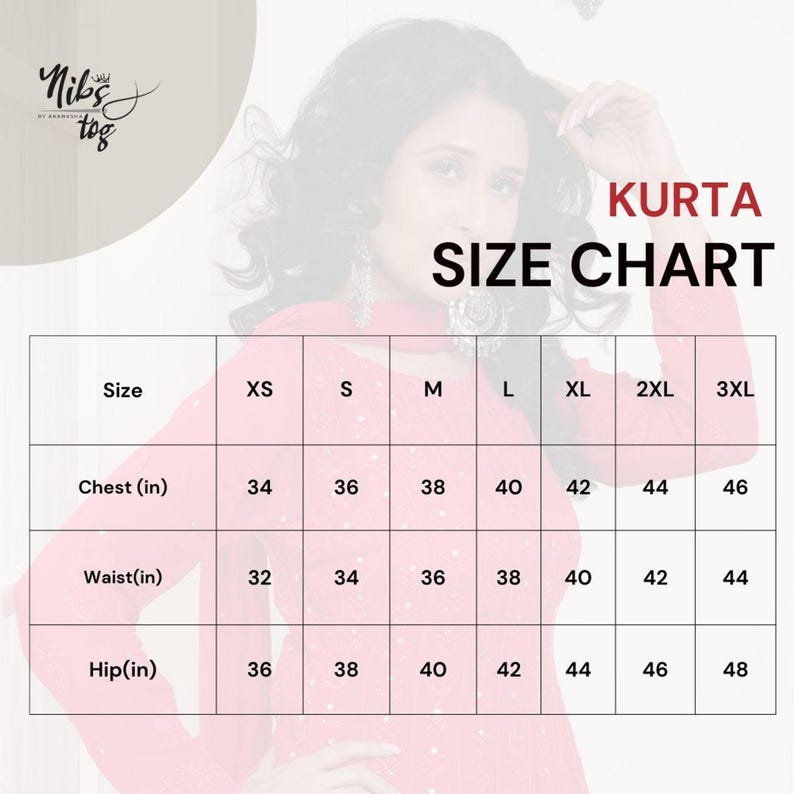 Size chart for handmade cotton sleeveless chikankari kurta, showing chest, waist, hip measurements from XS to 3XL.