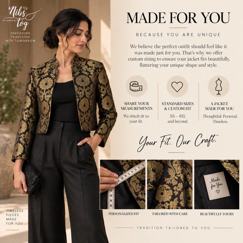 Black Banarasi Jacket for Women's Open Front Indian Jacket Brocade evening Blazer, Customizable