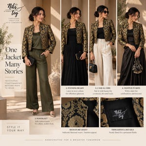 Black Banarasi Jacket for Women's Open Front Indian Jacket Brocade evening Blazer, Customizable