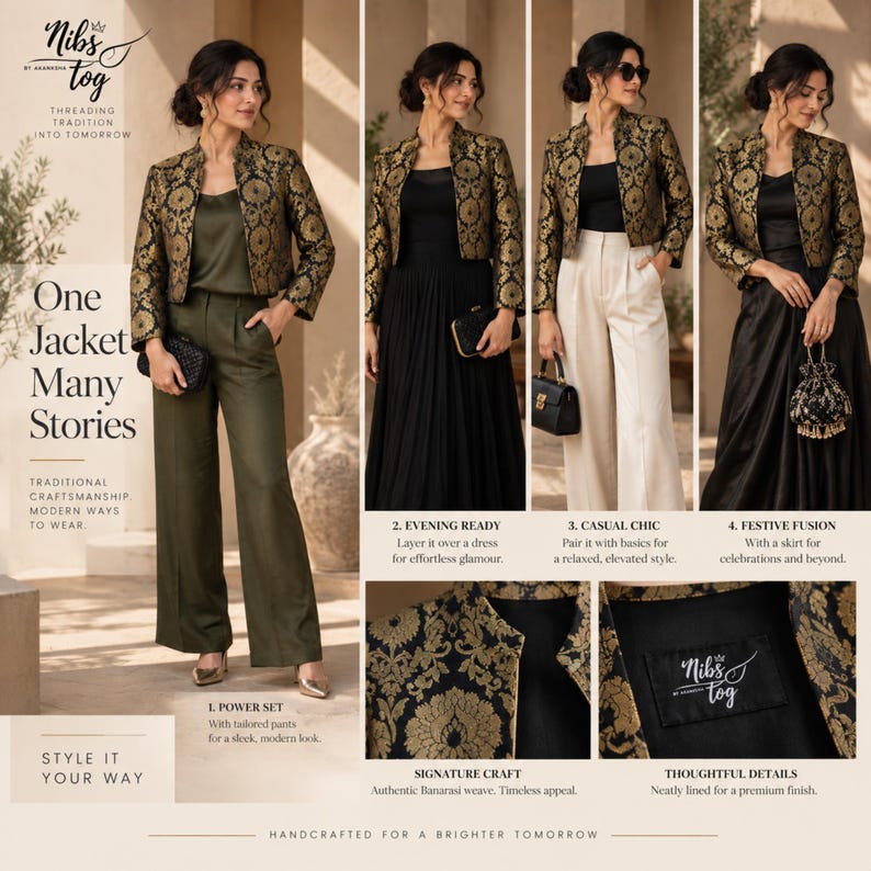 Black Banarasi Jacket for Women's Open Front Indian Jacket Brocade evening Blazer, Customizable