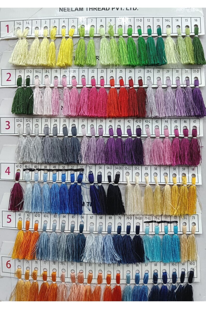 May include: A color chart of thread spools with a variety of colors, including white, black, red, blue, green, yellow, and purple. The chart is labeled with numbers from 1 to 90. The chart is labeled "NEELAM THREAD PVT. LTD."