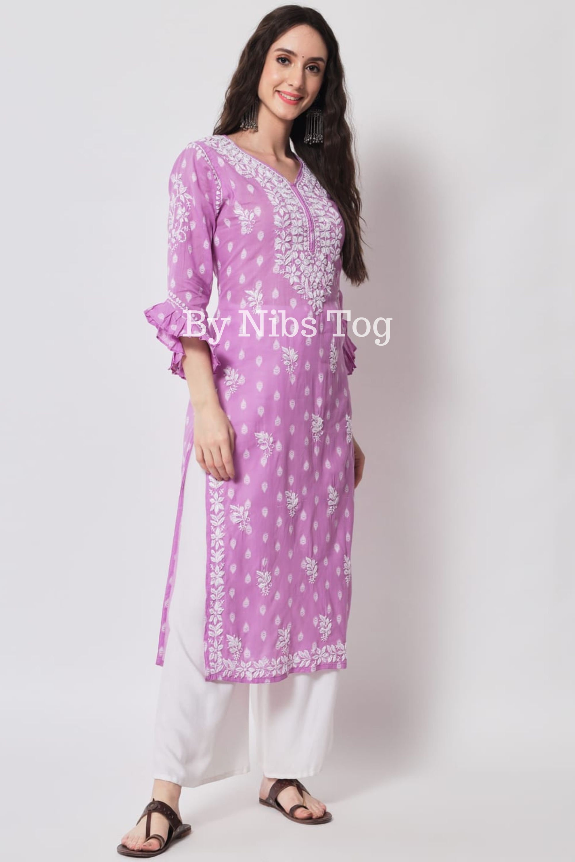 Nibs Tog Lilac Lucknowi Chikankari Kurta Cotton for Women With Frill