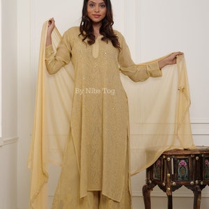 Handmade Golden Chikankari Kurta Palazzo Set with Dupatta Indian Ethnic wear wedding festival suit