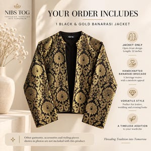 Black Banarasi Jacket for Women's Open Front Indian Jacket Brocade evening Blazer, Customizable