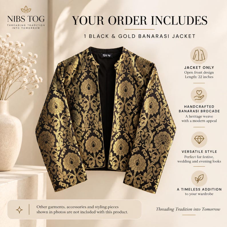 Black Banarasi Jacket for Women's Open Front Indian Jacket Brocade evening Blazer, Customizable