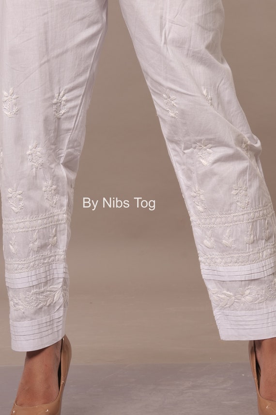 Lucknowi Chikankari Pants, Stretchable White Cotton Pants, Ankle