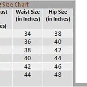 May include: Size chart for women's clothing with measurements in inches. The chart shows the size, chest/bust size, waist size, and hip size. The chart is labeled "Nibs Tog Size Chart".