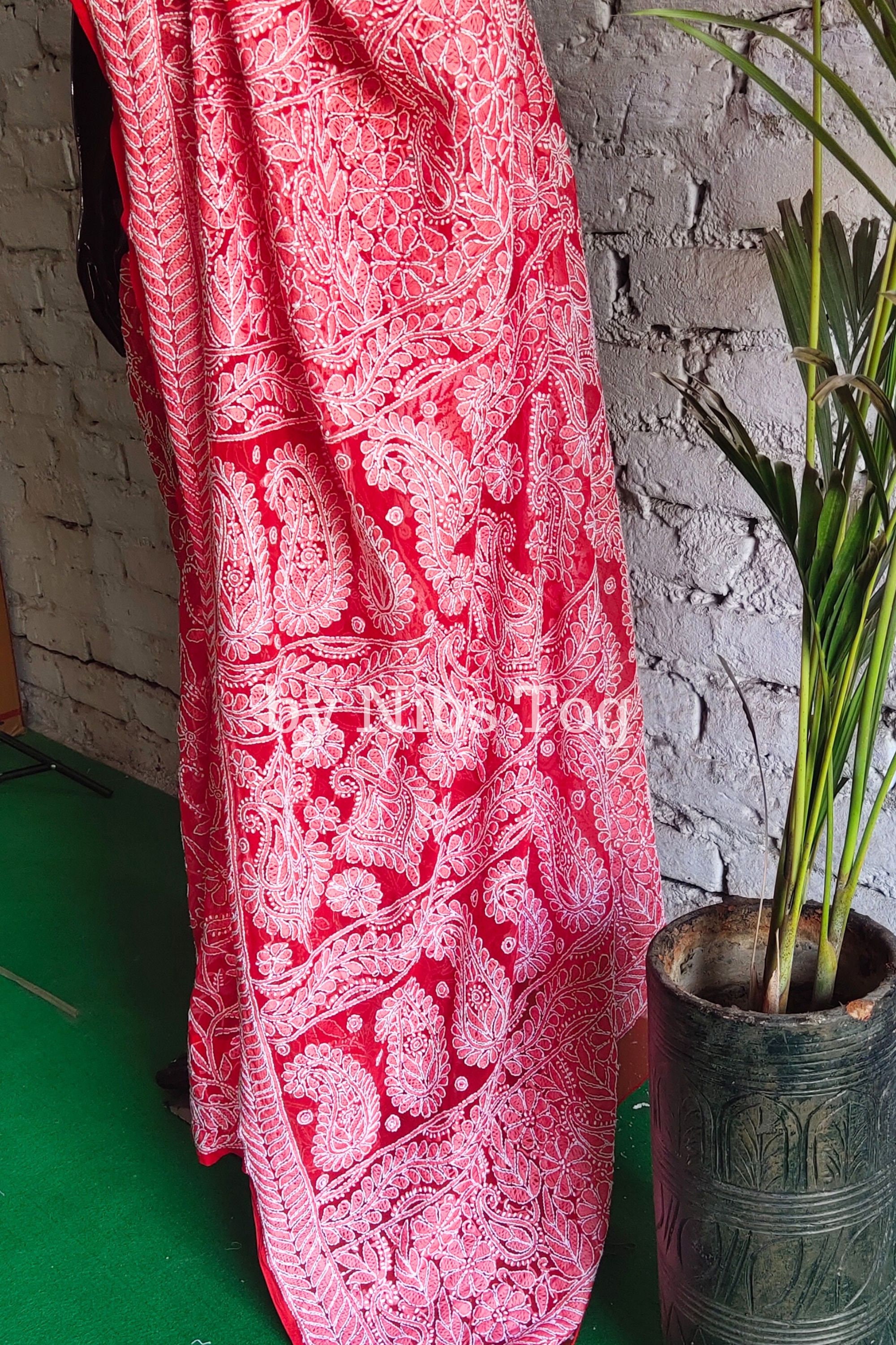 Buy Red Chikankari Saree Georgette for Women Full Work Embroidery
