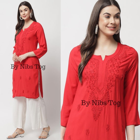 Women Lucknowi Chikankari Hand Work Mirror Kurti-3169