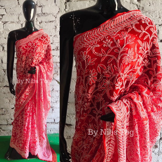 Red Chikankari Saree Georgette for Women Full Work Embroidery With