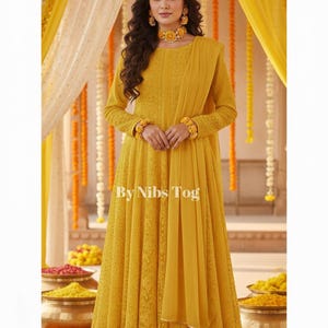 Customizable Handmade Chikankari Anarkali Suit for Women : Indian Wedding Dress Yellow