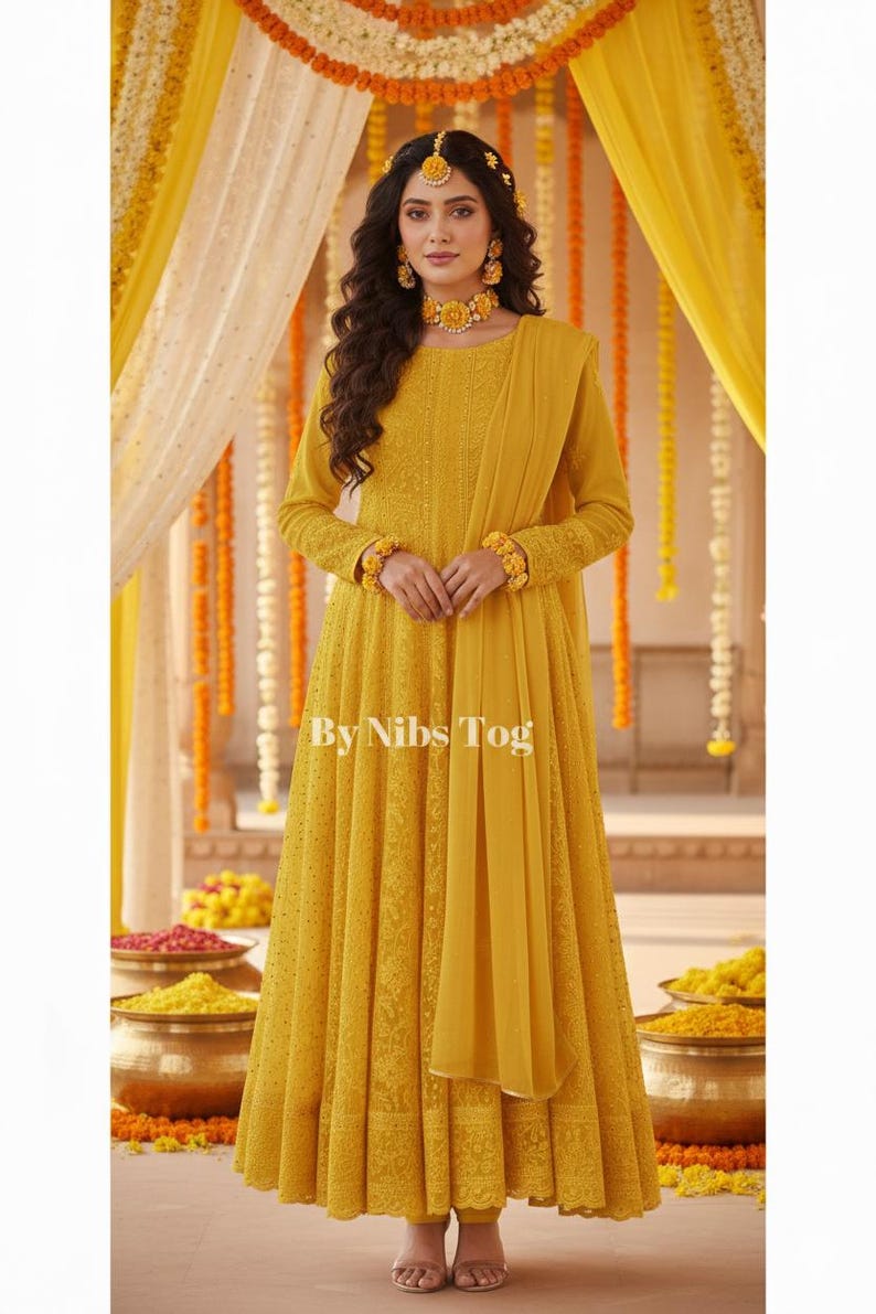 Customizable Handmade Chikankari Anarkali Suit for Women : Indian Wedding Dress Yellow